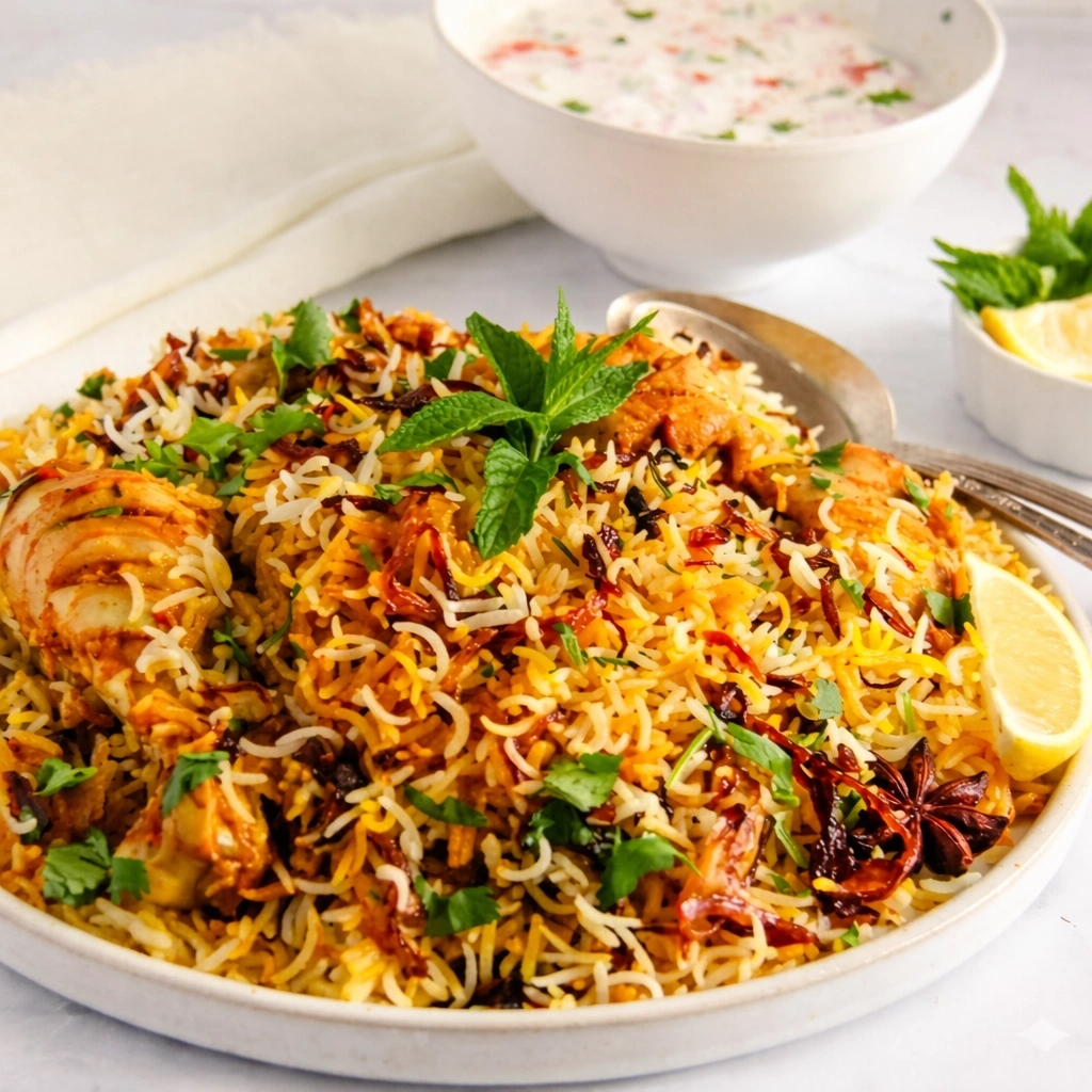 Chicken biryani with fragrant basmati rice and saffron at A-One Pakistani restaurant Winnipeg