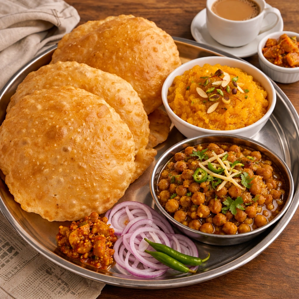 Halwa puri Punjabi weekend breakfast with channay and chai at A-One Restaurant Winnipeg